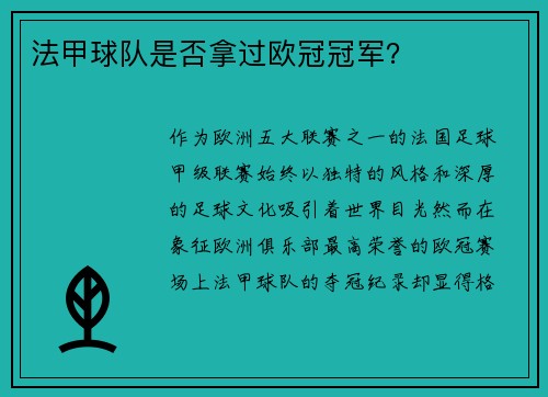 法甲球队是否拿过欧冠冠军？
